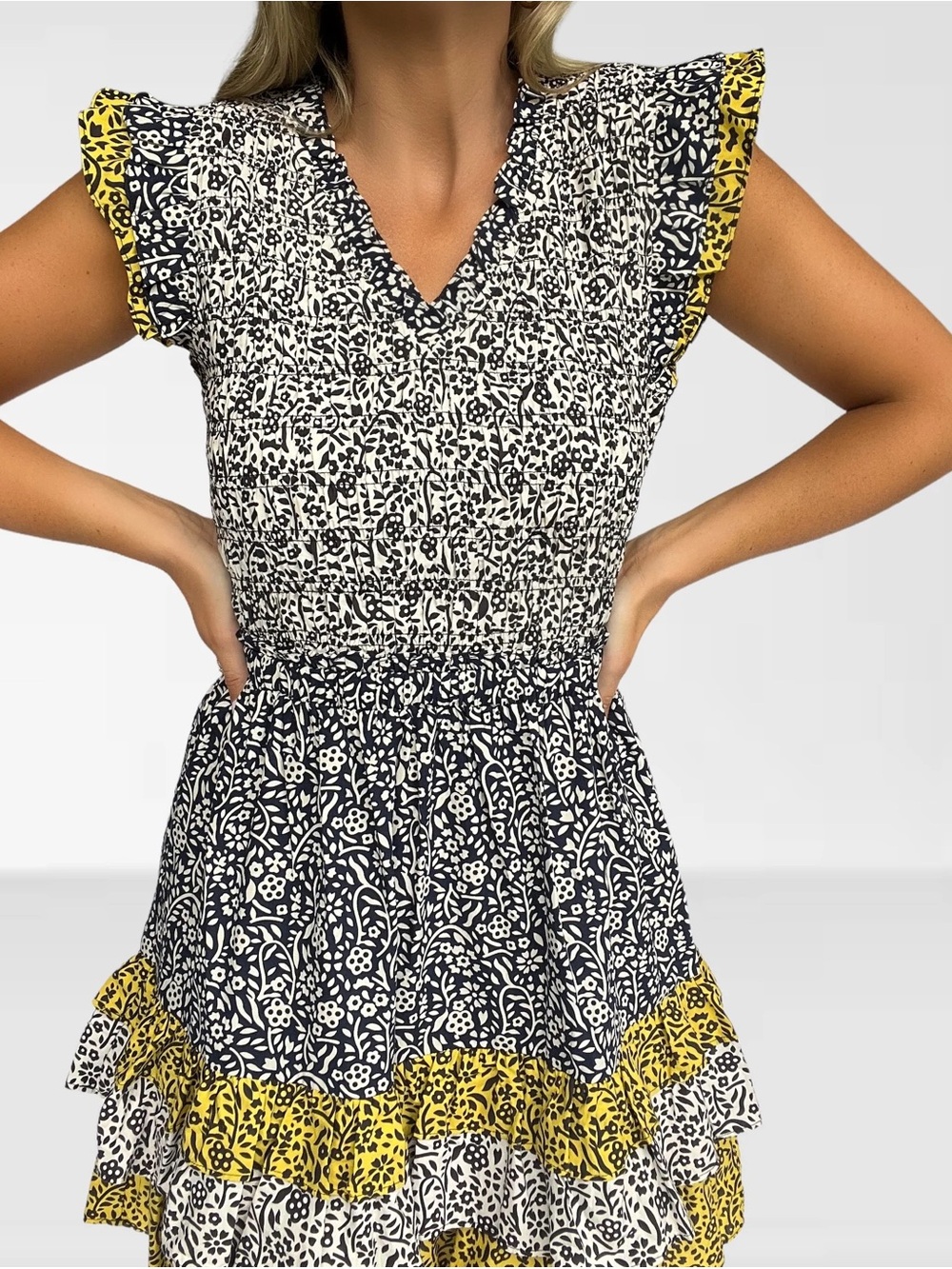 NWOT Current Air Black + Yellow Cotton V-Neck Smocked Ruffle-Tiered Mini Dress M